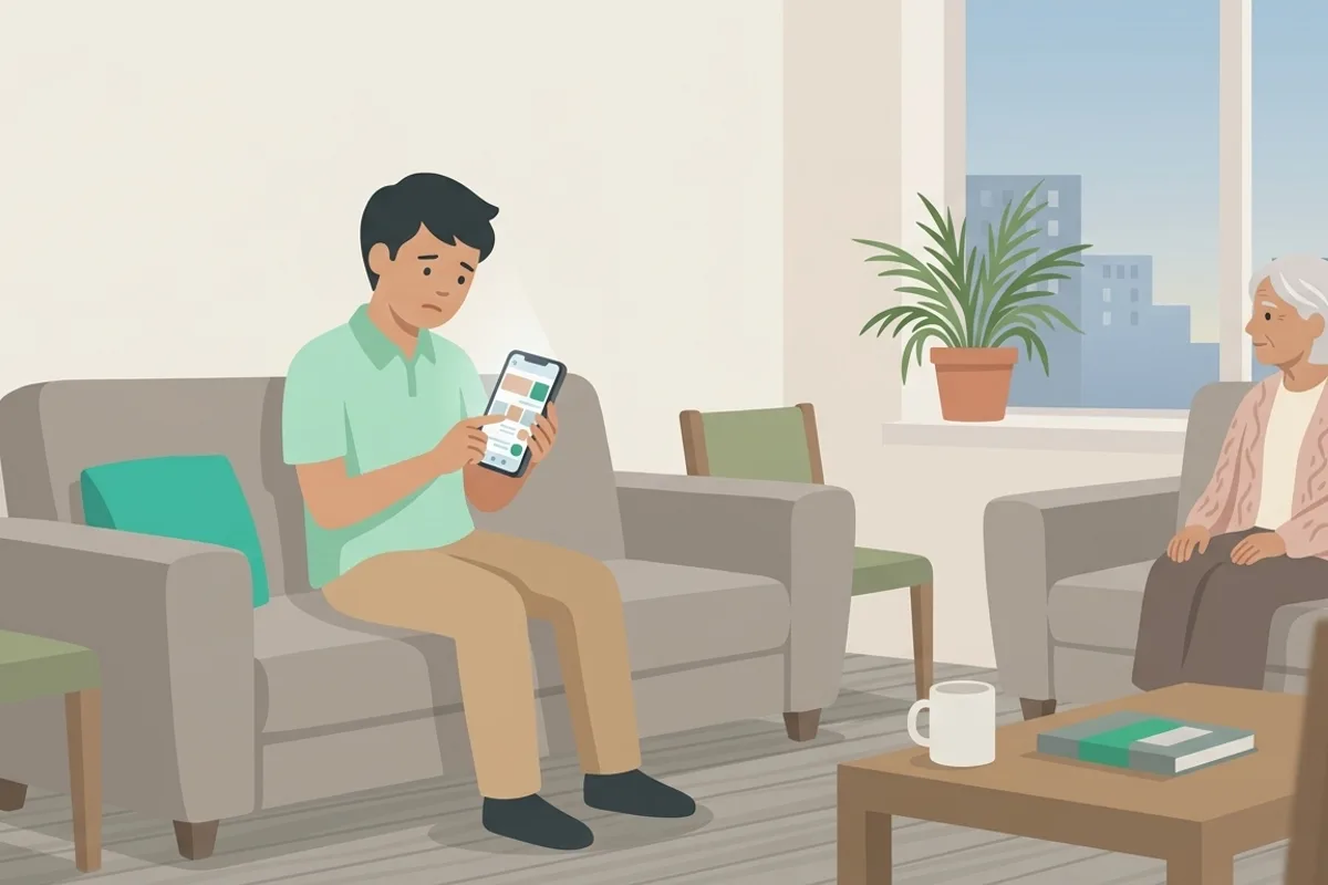 介護実習生がスマホで発信の準備をしているイラスト