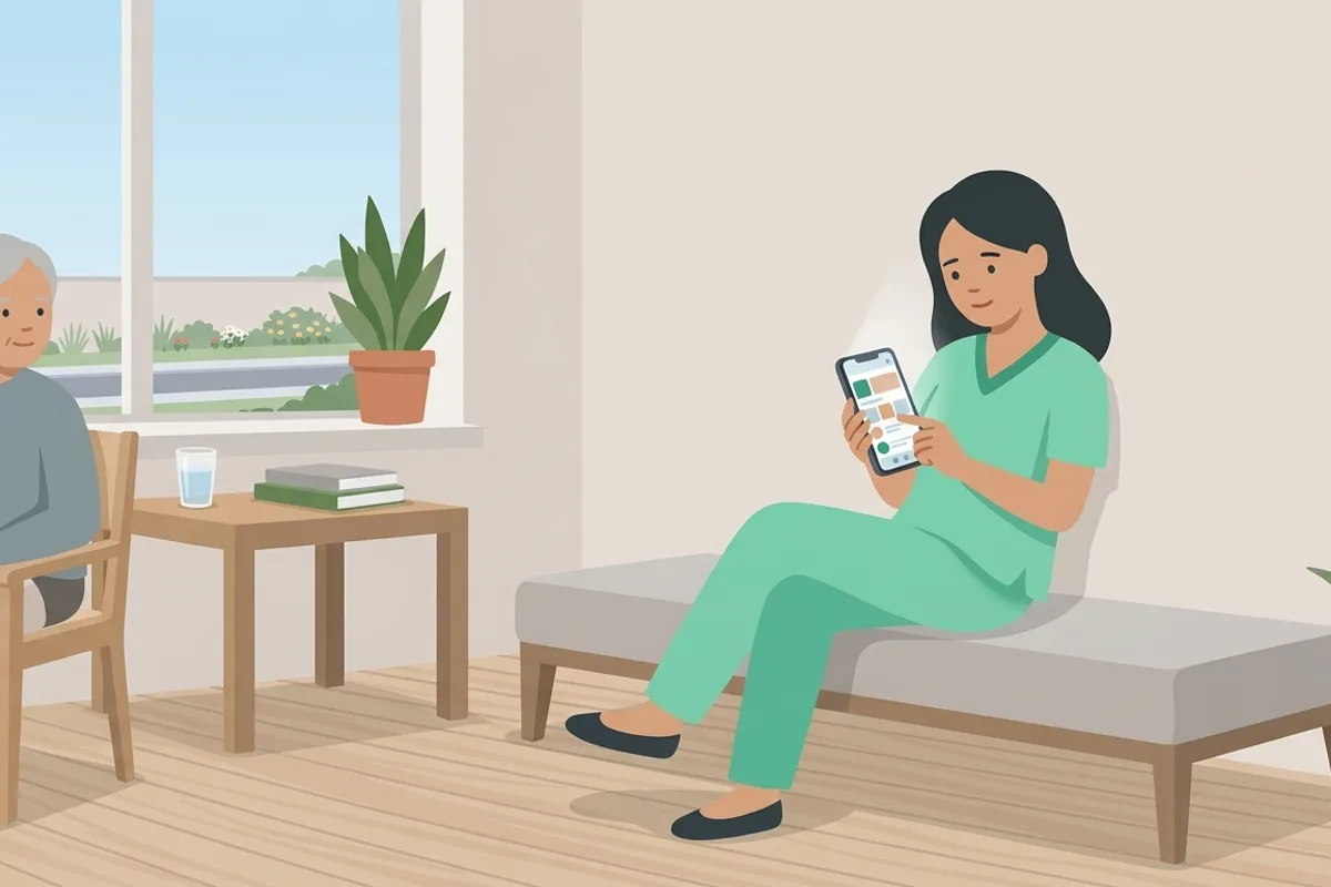 介護福祉士がスマホを見ながら発信の相手を思い浮かべているイラスト