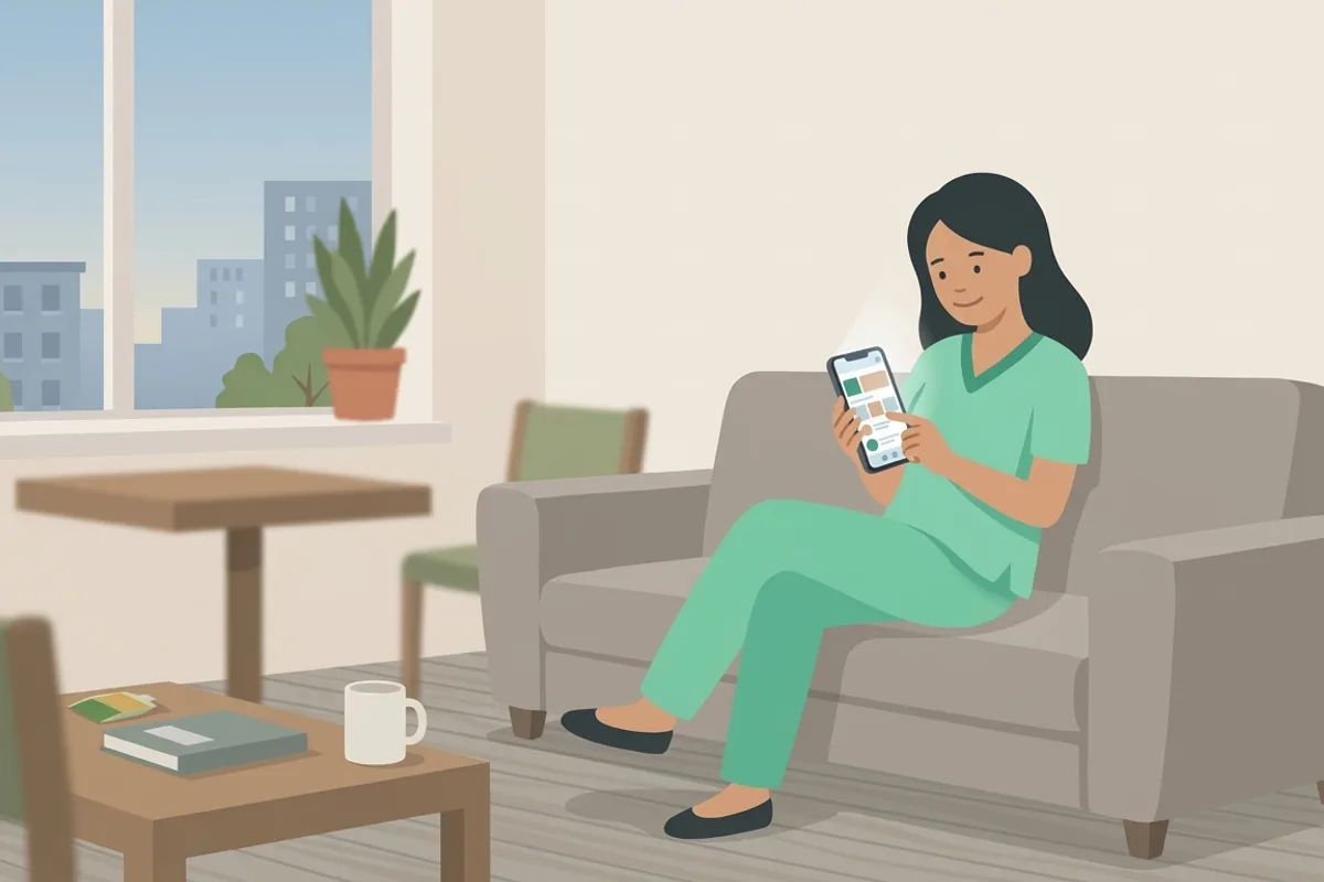 介護スタッフが休憩中にスマホで同業者の投稿にいいねを押しているイラスト